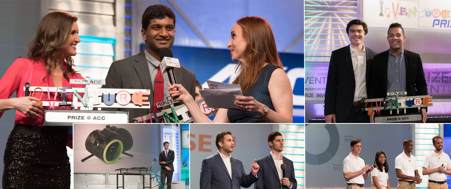 Collage of teams presenting and receiving awards at the Innoventure Prize competition.
