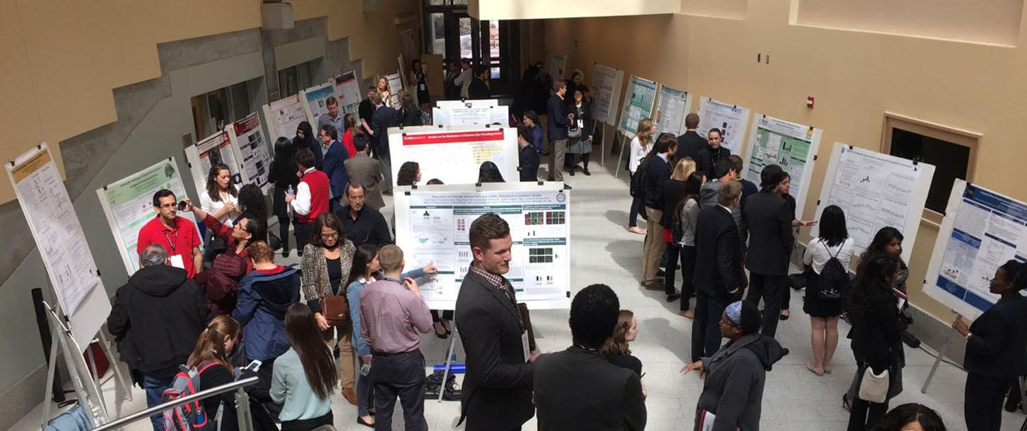 People standing in an atrium at a poster presentation